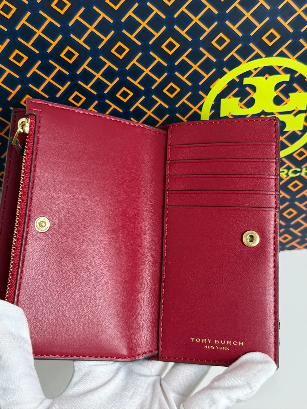Tory Burch Red Quilted Patent Leather Continental Wallet with Gold Logo